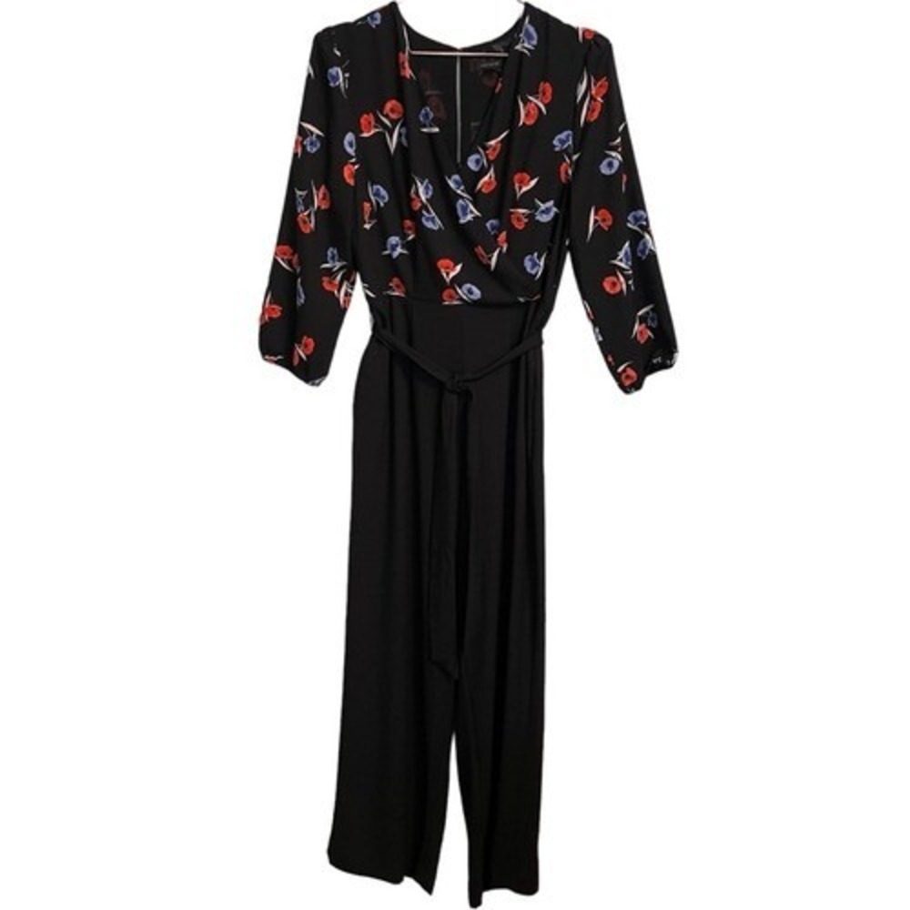 Ann Taylor Floral Surplice Wide Leg Jumpsuit Black Red Blue Long Sleeve Belted